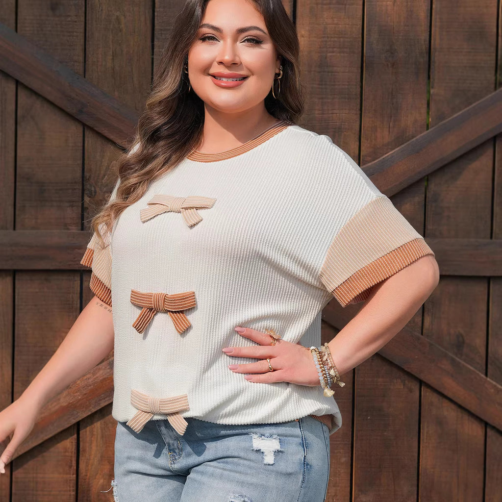 Short Sleeve Polyester T-shirt With Bow Tie Design, Pullover Style Women's Top - view 3