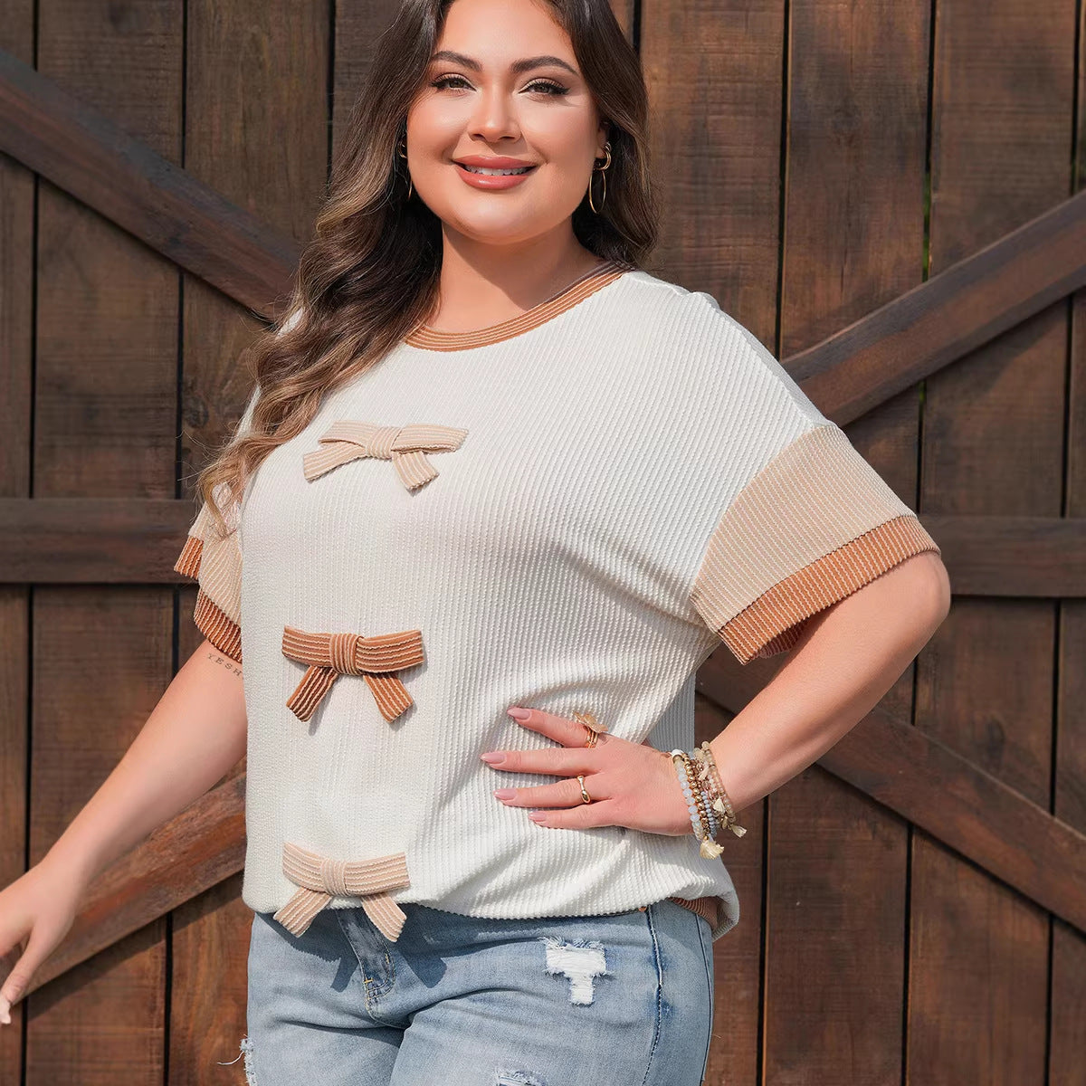 Short Sleeve Polyester T-shirt With Bow Tie Design, Pullover Style Women's Top - view 3