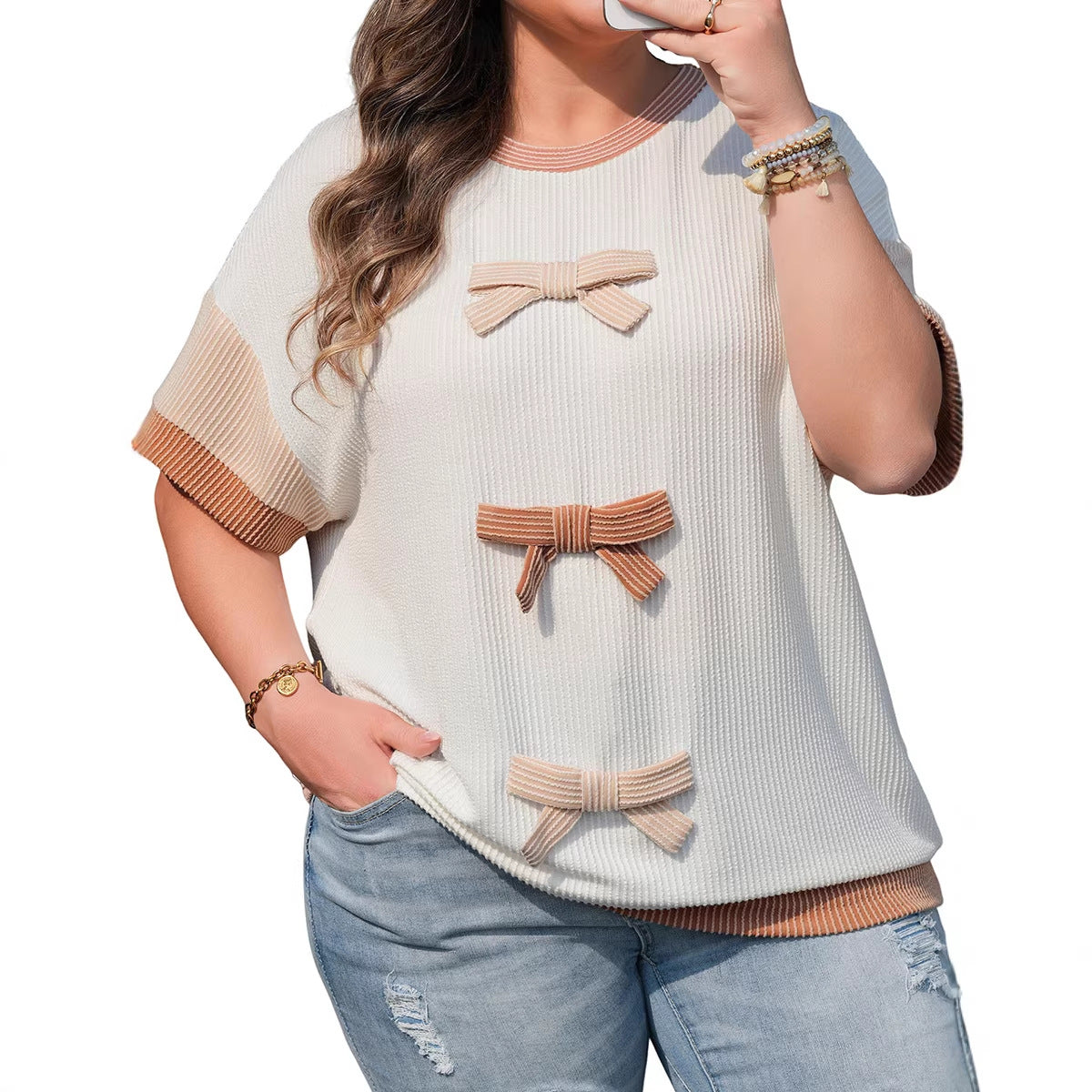 Short Sleeve Polyester T-shirt With Bow Tie Design, Pullover Style Women's Top - view 5