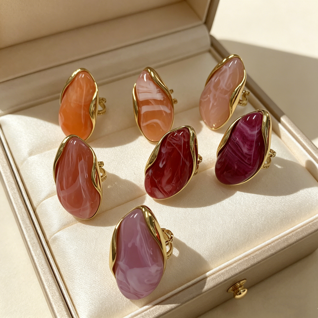 18K Gold Plated Resin Ring For Women, Melad Amber Design Ring, 304 Stainless Steel Open Adjustable Hypoallergenic Jewelry - view 5