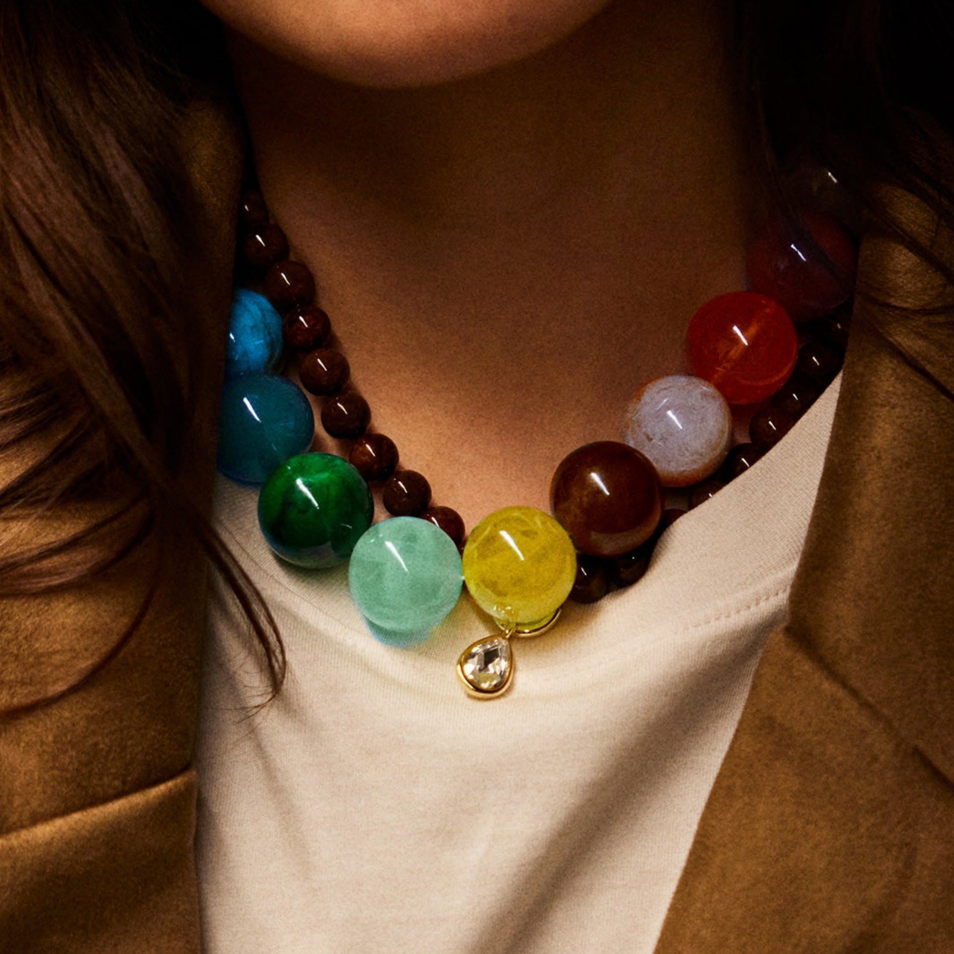 Bohemian Round Beaded Acrylic Necklace For Women With Multicolor Beaded Chain - front view