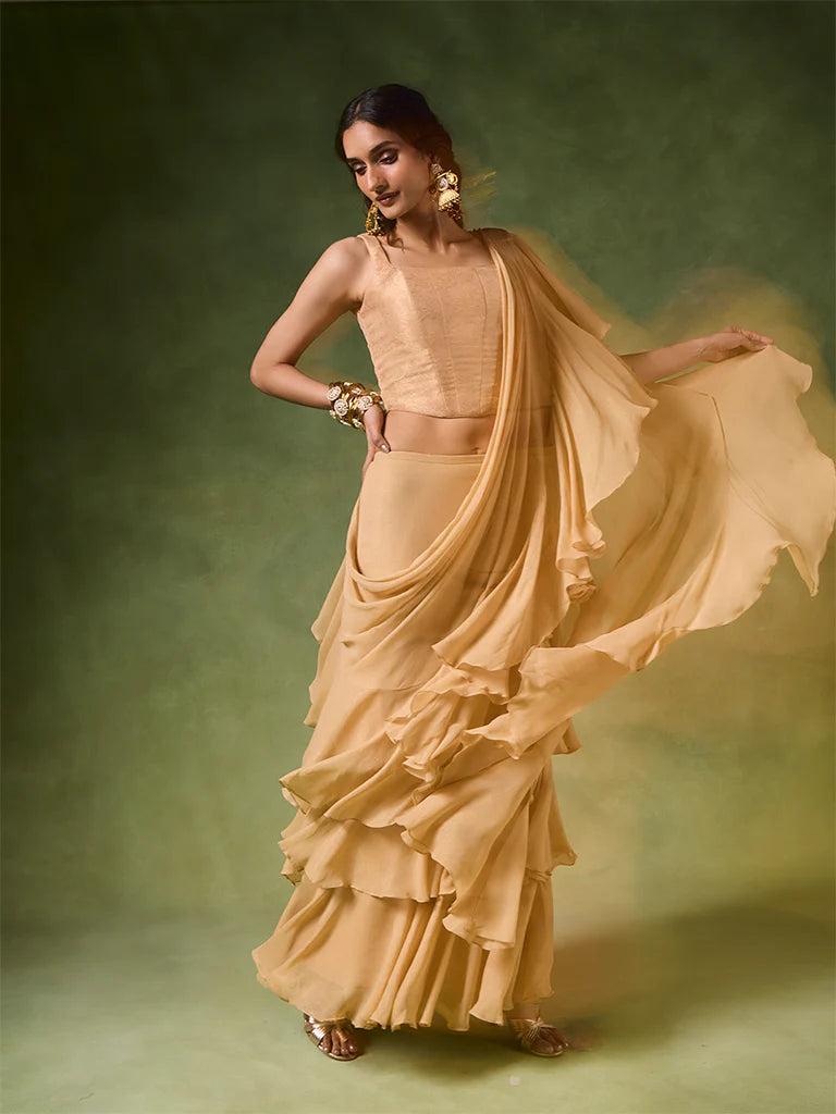 Ruffled Saree Set – Gold