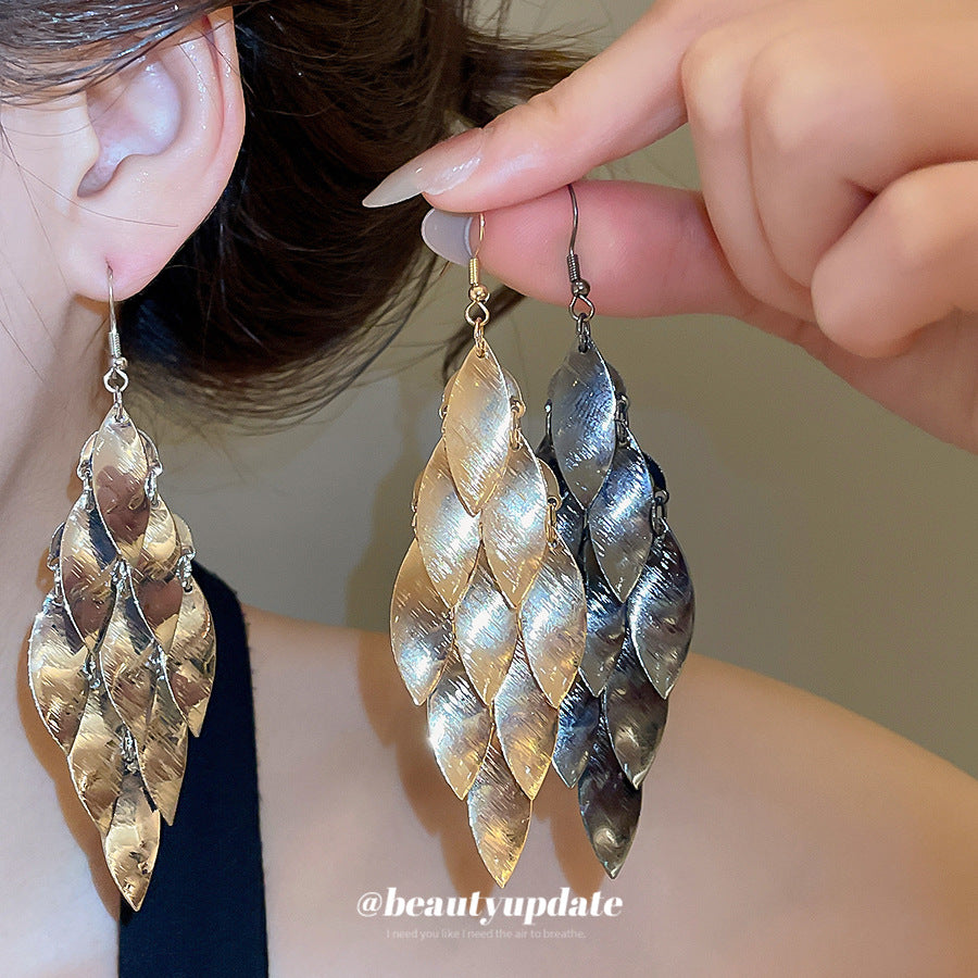Leaves Tassel Earrings For Women With Gold Iron Ear Hooks And 304 Stainless Steel Ear Pins - front view