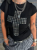 Punk Polyester T-shirt Featuring Diamond Craft, Stylish Women's Top - front view