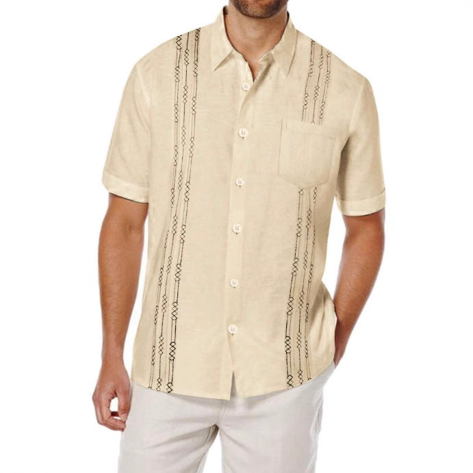 Hip-Hop Stripe Linen Blouse With Embroidery, Short Sleeve Men's Shirt - view 2