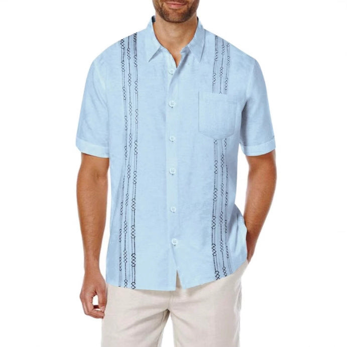 Hip-Hop Stripe Linen Blouse With Embroidery, Short Sleeve Men's Shirt - view 3