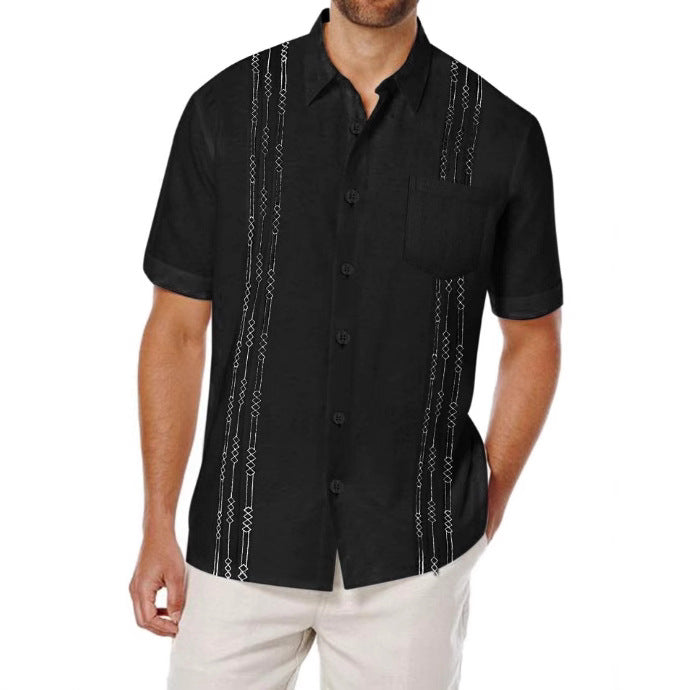 Hip-Hop Stripe Linen Blouse With Embroidery, Short Sleeve Men's Shirt - view 4
