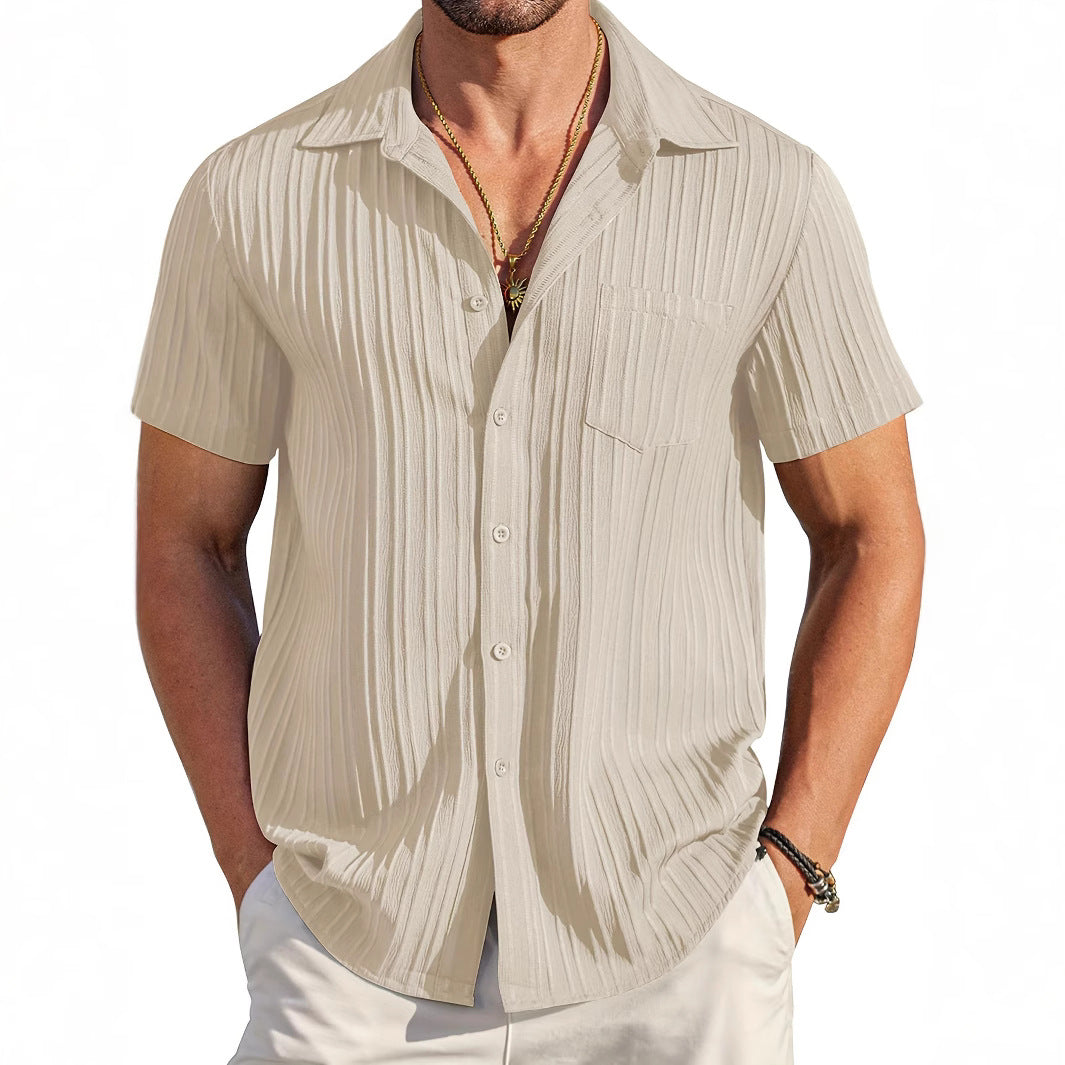 Casual Stripe Short Sleeve Men's Shirt In Polyester With Lapel Collar And Placket Front - front view