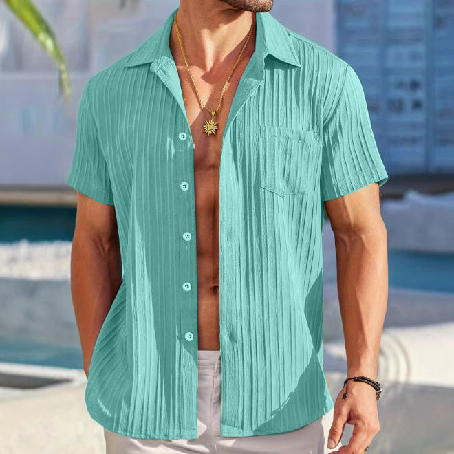 Casual Stripe Short Sleeve Men's Shirt In Polyester With Lapel Collar And Placket Front - view 2