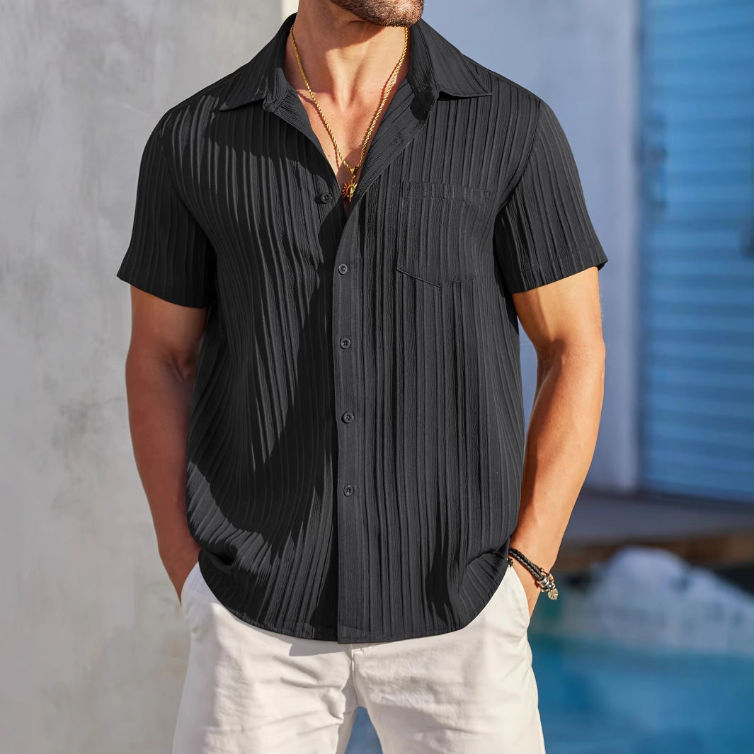 Casual Stripe Short Sleeve Men's Shirt In Polyester With Lapel Collar And Placket Front - view 3