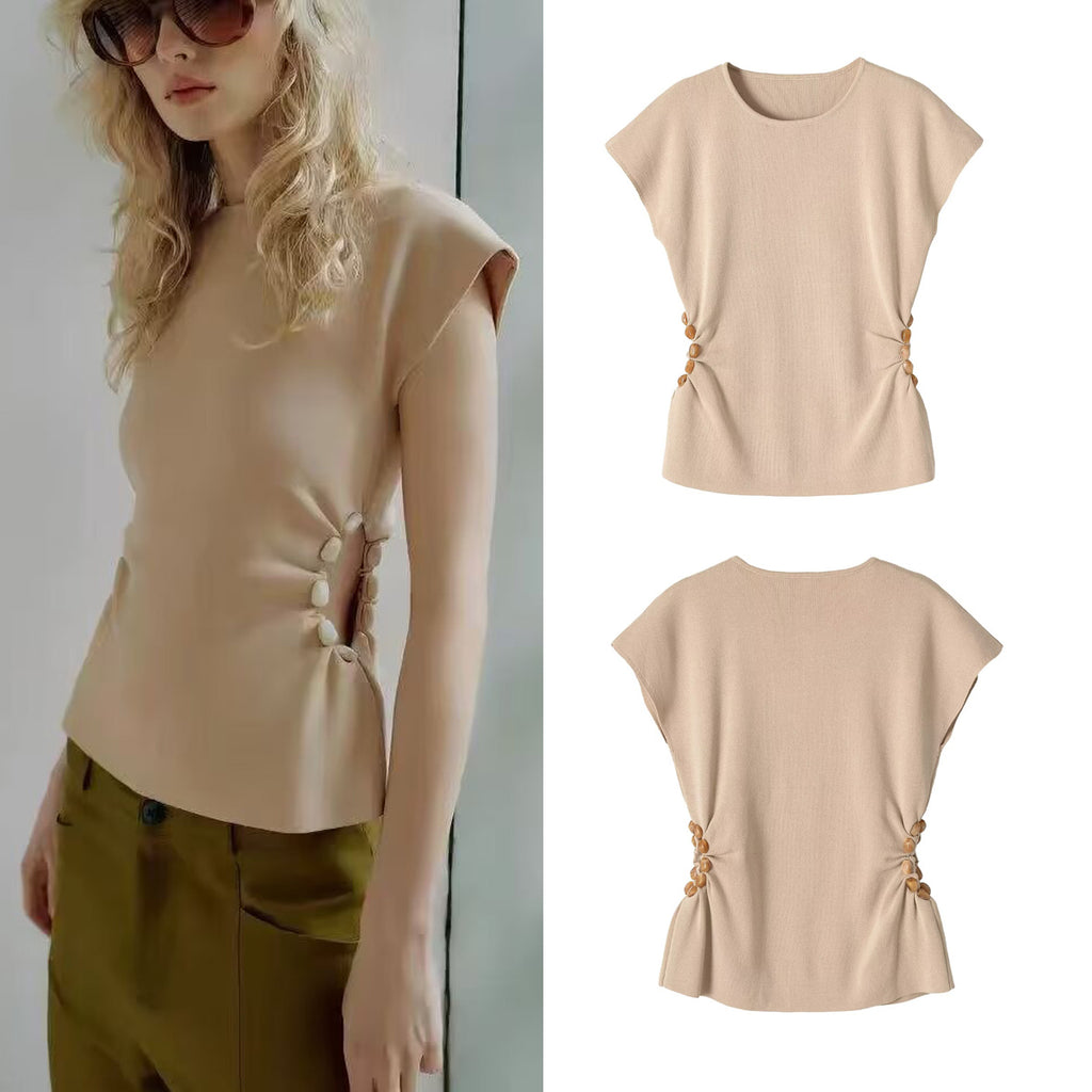 Knit T-shirt With Beading Craft, Pullover Style Women's Top - front view