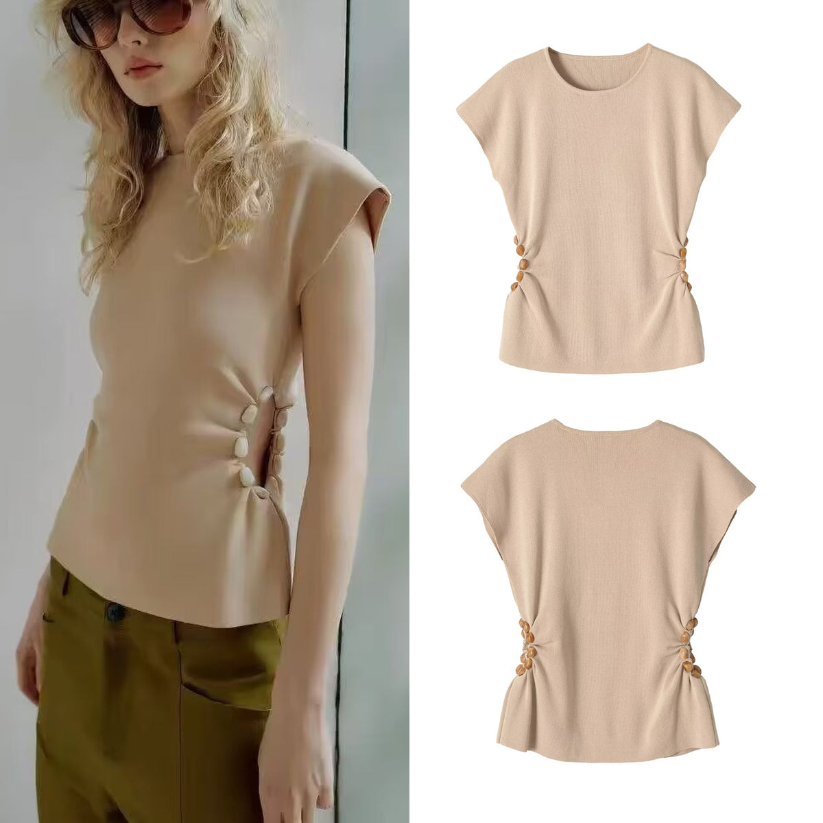Knit T-shirt With Beading Craft, Pullover Style Women's Top - front view