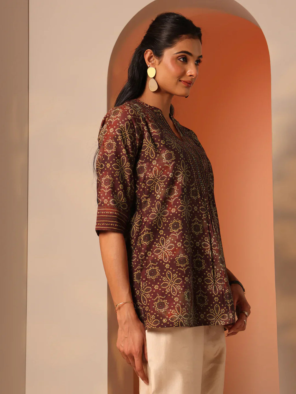 Maroon Printed Silk Blend Straight Short Kurti