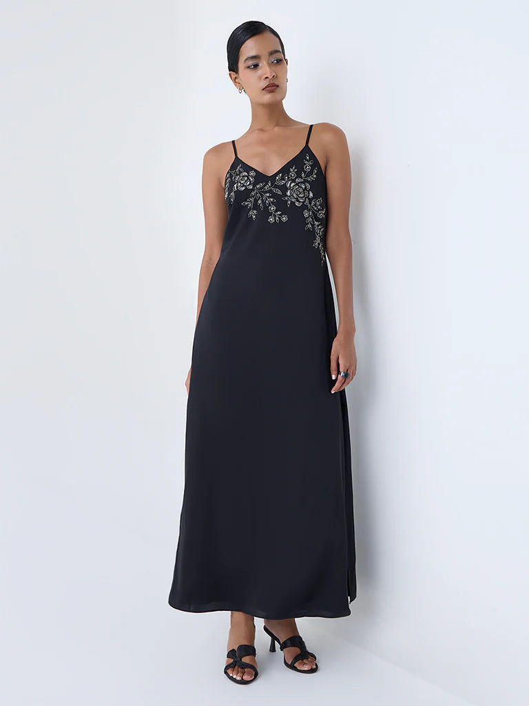 Vark Black Floral Embellished A-Line Dress