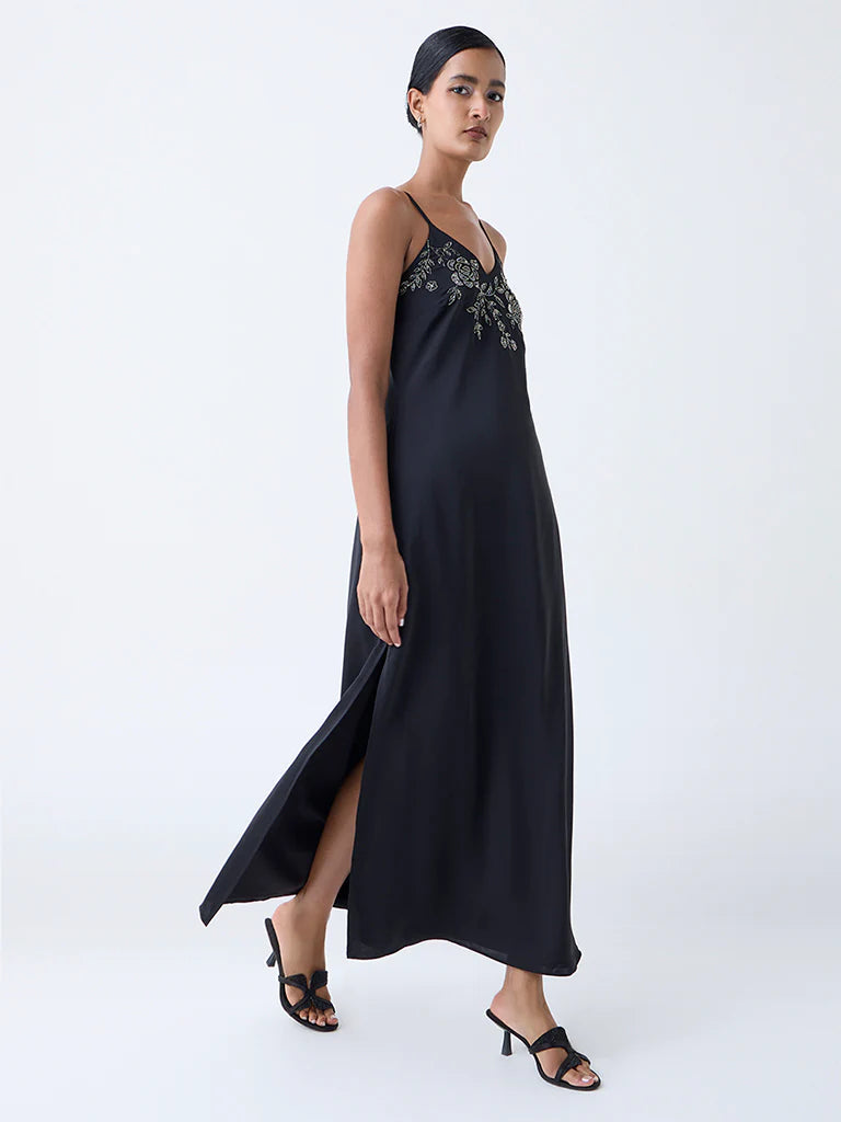 Vark Black Floral Embellished A-Line Dress