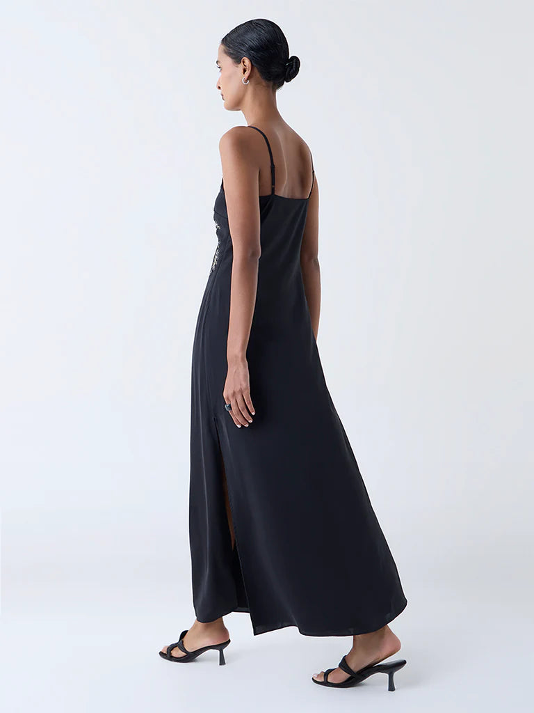 Vark Black Floral Embellished A-Line Dress
