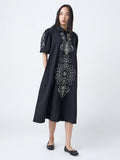 Utsa Black Embroidered Cotton-Blend A-Line Dress