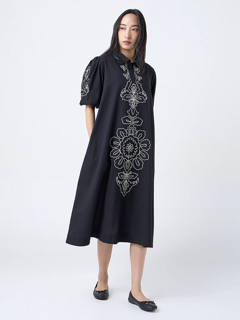 Utsa Black Embroidered Cotton-Blend A-Line Dress