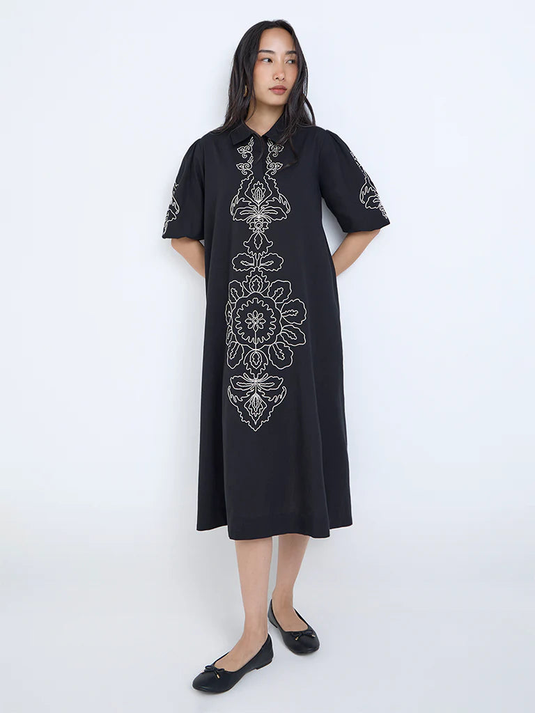 Utsa Black Embroidered Cotton-Blend A-Line Dress