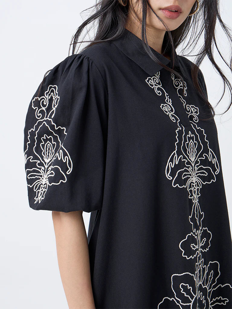 Utsa Black Embroidered Cotton-Blend A-Line Dress