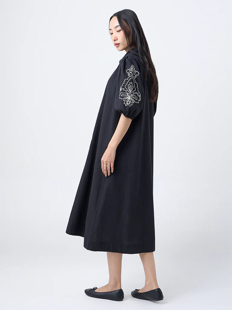 Utsa Black Embroidered Cotton-Blend A-Line Dress