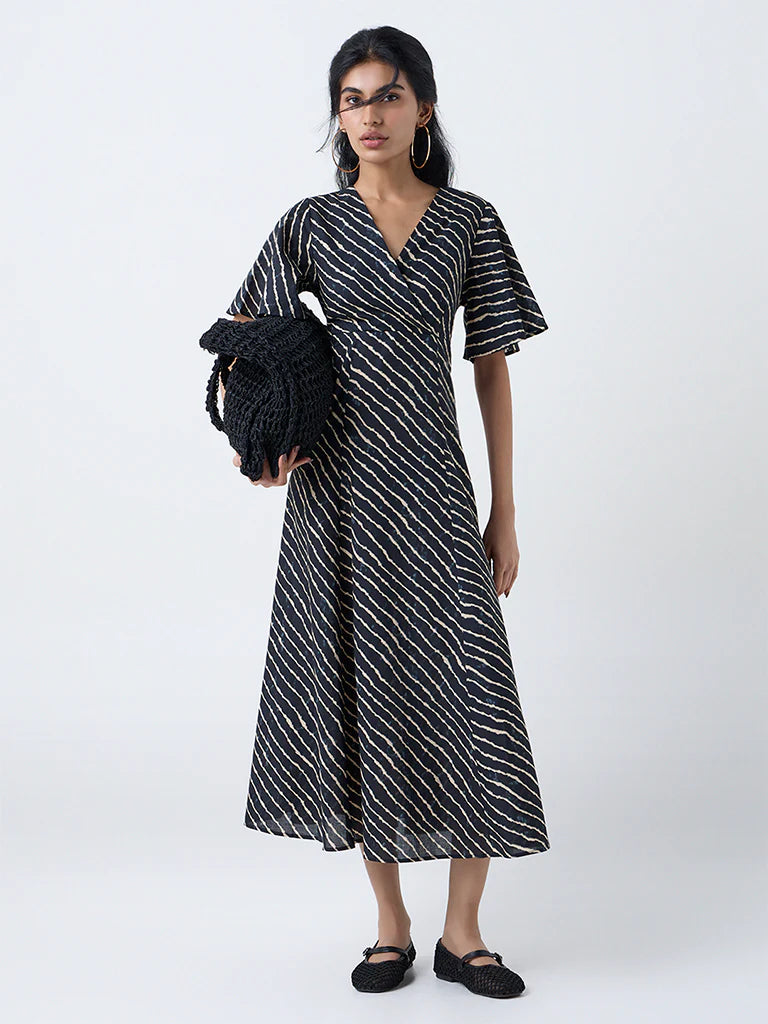 Bombay Paisley Blue Striped Cotton A-Line Dress