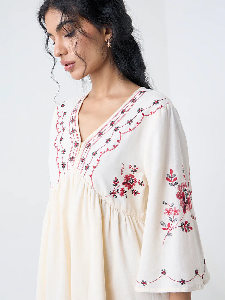 Bombay Paisley Off-White Cotton-Blend A-Line Dress