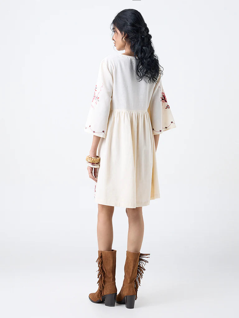 Bombay Paisley Off-White Cotton-Blend A-Line Dress