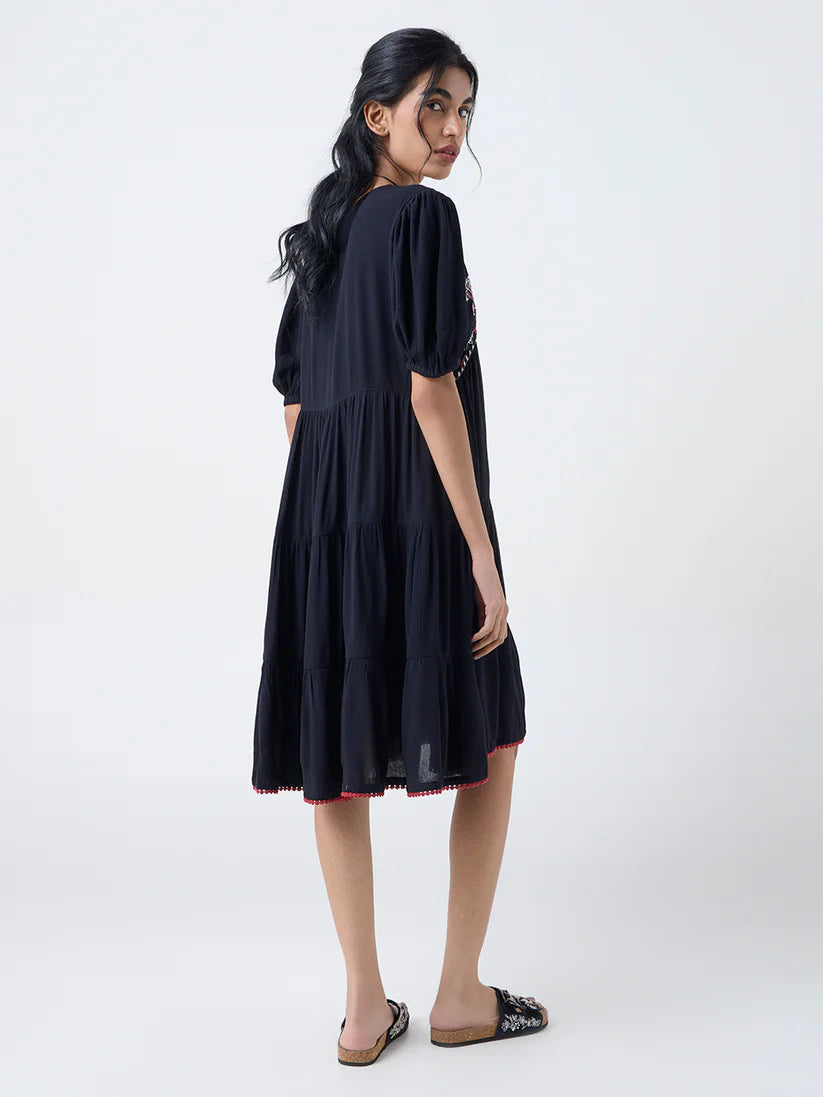 Bombay Paisley Black Embroidered Empire A-Line Dress