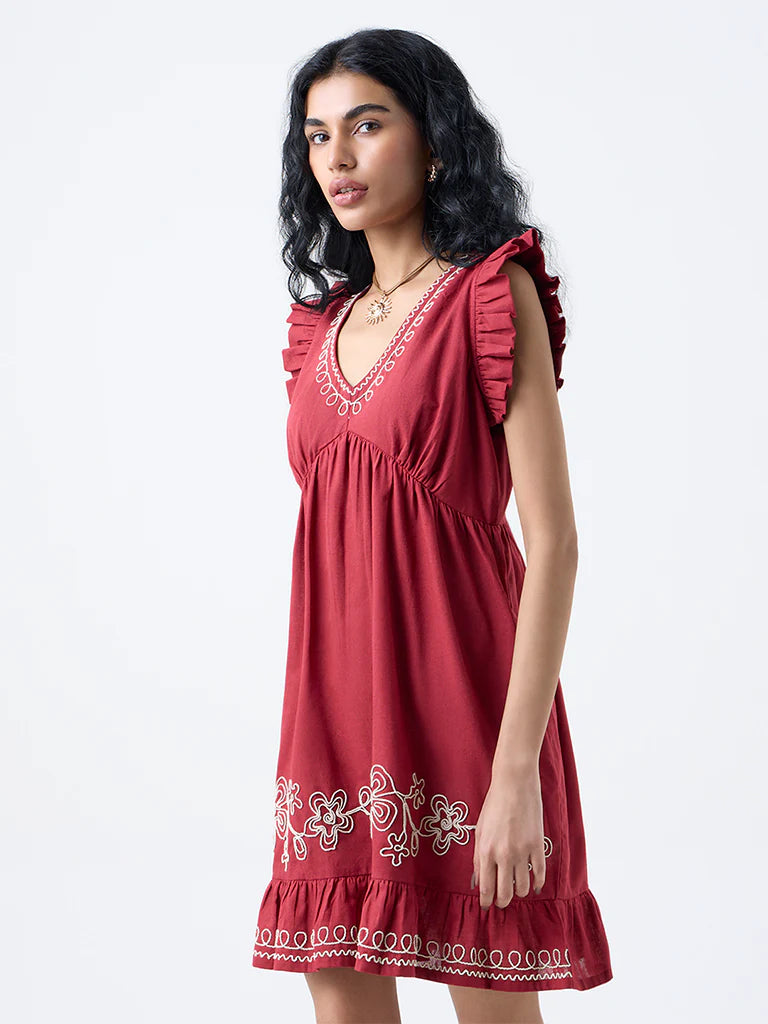 Bombay Paisley Maroon Embroidered Cotton-Blend A-Line Dress