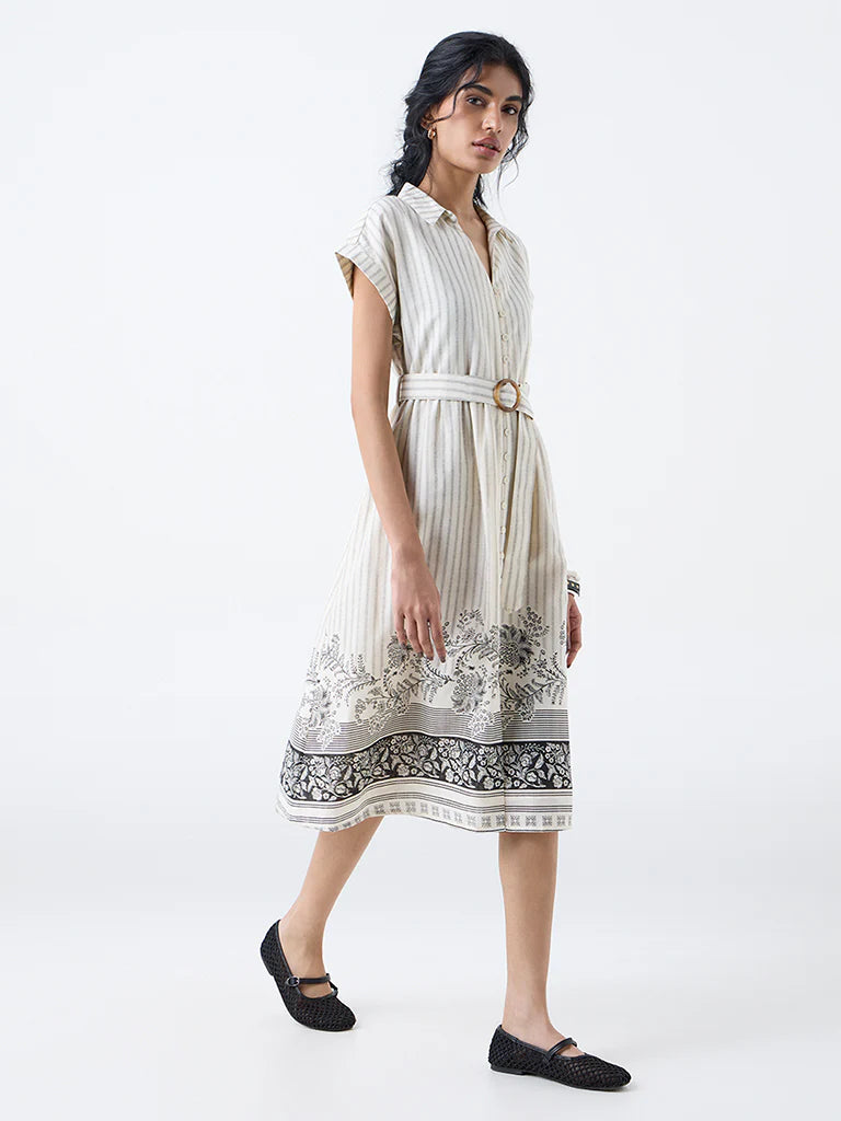 Bombay Paisley Off-White Cotton Shirt Dress with Belt