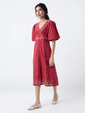 Bombay Paisley Red Embroidered Cotton A-Line Dress