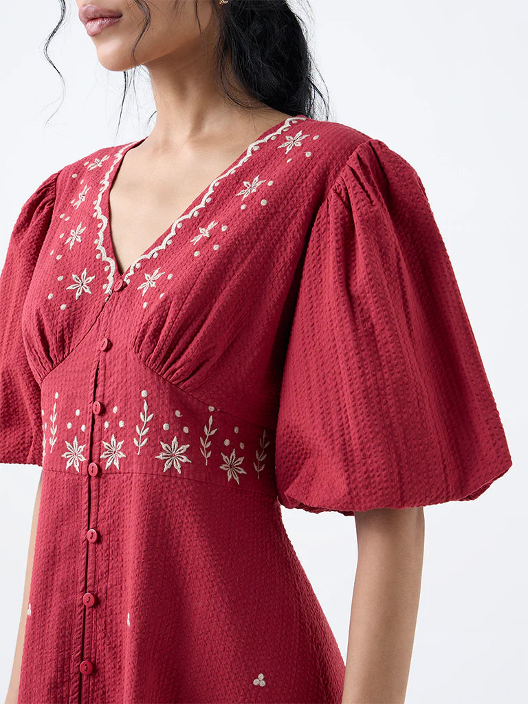 Bombay Paisley Red Embroidered Cotton A-Line Dress
