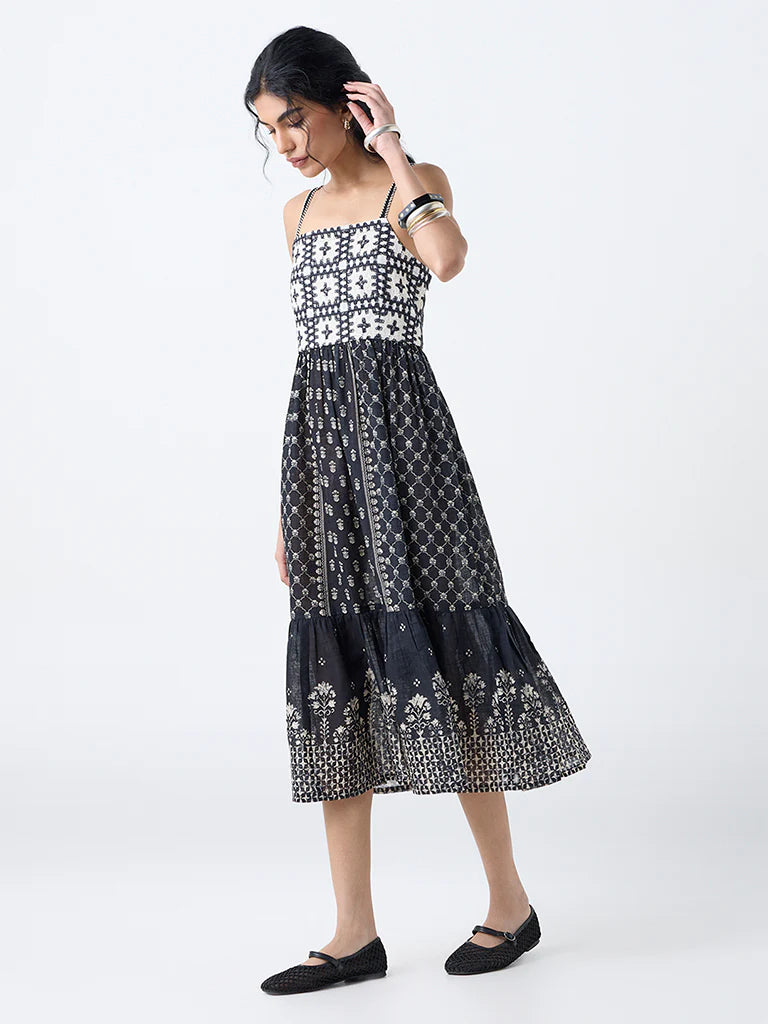 Bombay Paisley Black Embroidered Cotton Tiered Dress