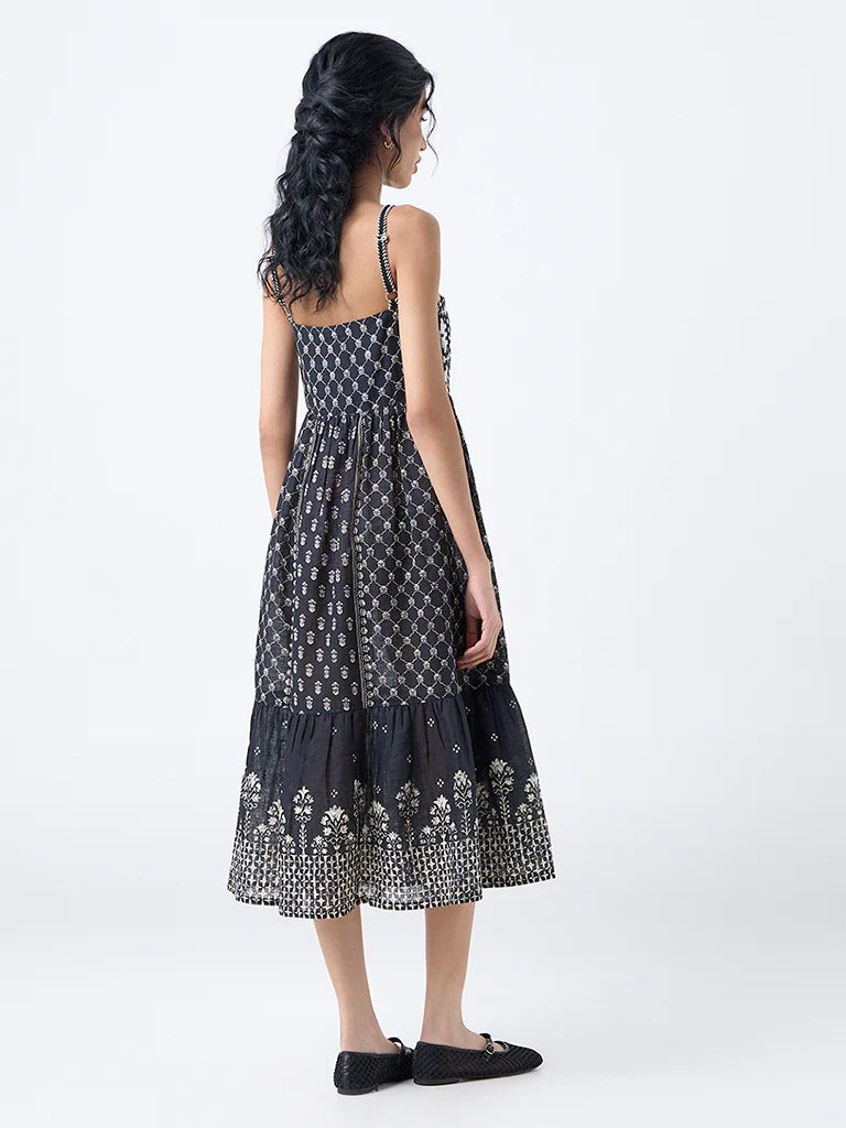 Bombay Paisley Black Embroidered Cotton Tiered Dress
