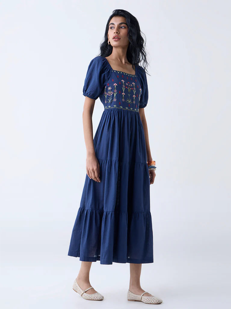 Bombay Paisley Dark Blue Embroidered Cotton Tiered Dress