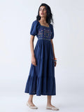 Bombay Paisley Dark Blue Embroidered Cotton Tiered Dress
