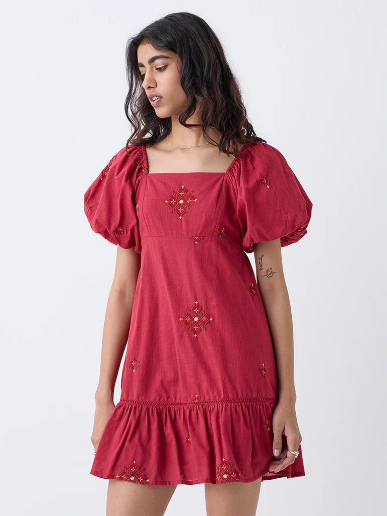 Bombay Paisley Maroon Embroidered Cotton A-Line Dress