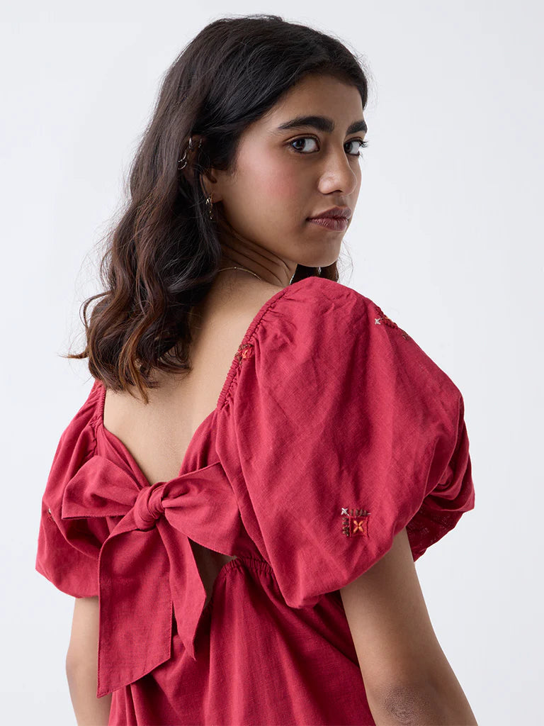 Bombay Paisley Maroon Embroidered Cotton A-Line Dress