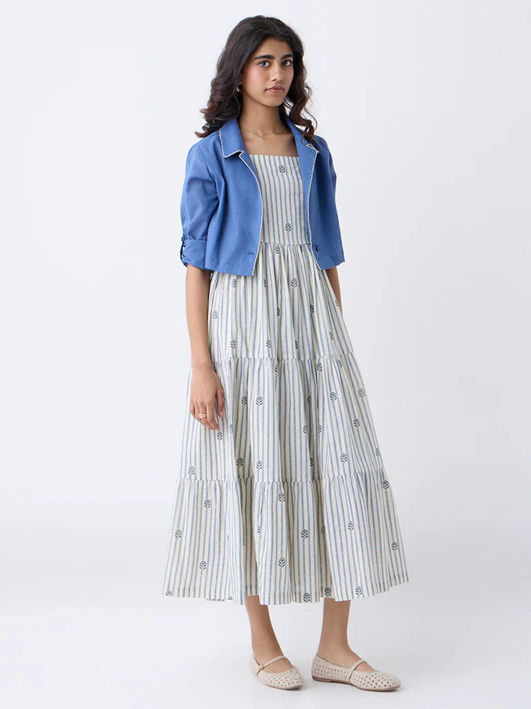 Bombay Paisley Blue Cotton Tiered Dress with Jacket