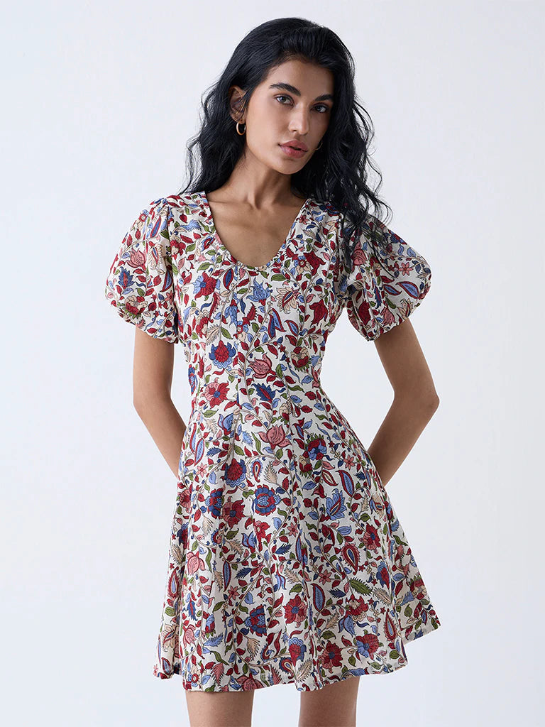 Bombay Paisley Multicolour Floral Cotton A-Line Dress