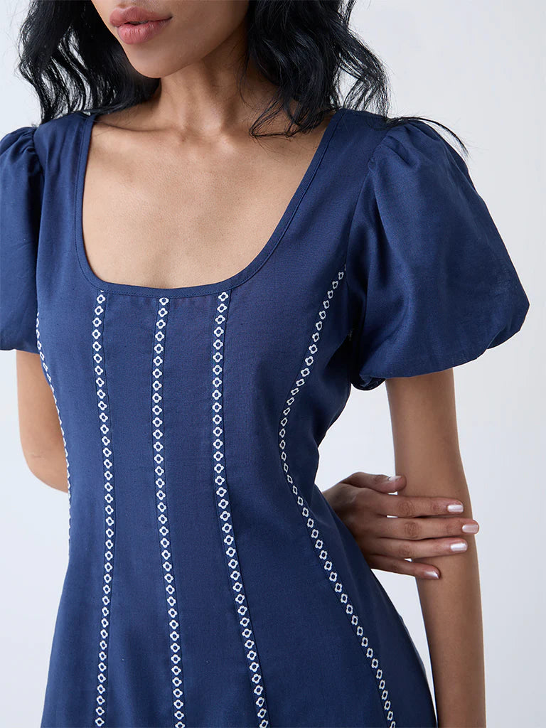 Bombay Paisley Blue Striped Cotton-Blend A-Line Dress