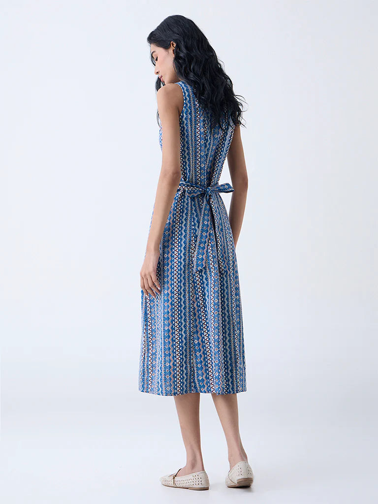 Bombay Paisley Blue Aztec Printed Cotton-Blend Shirt Dress