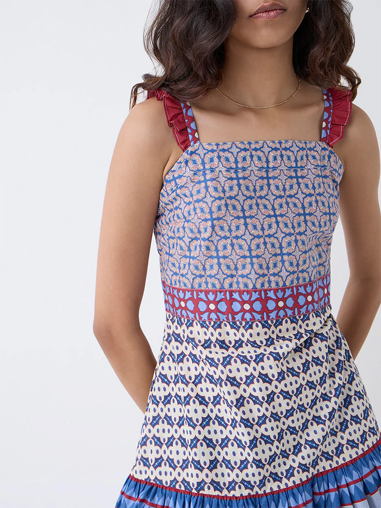 Bombay Paisley Blue Printed Cotton A-Line Dress