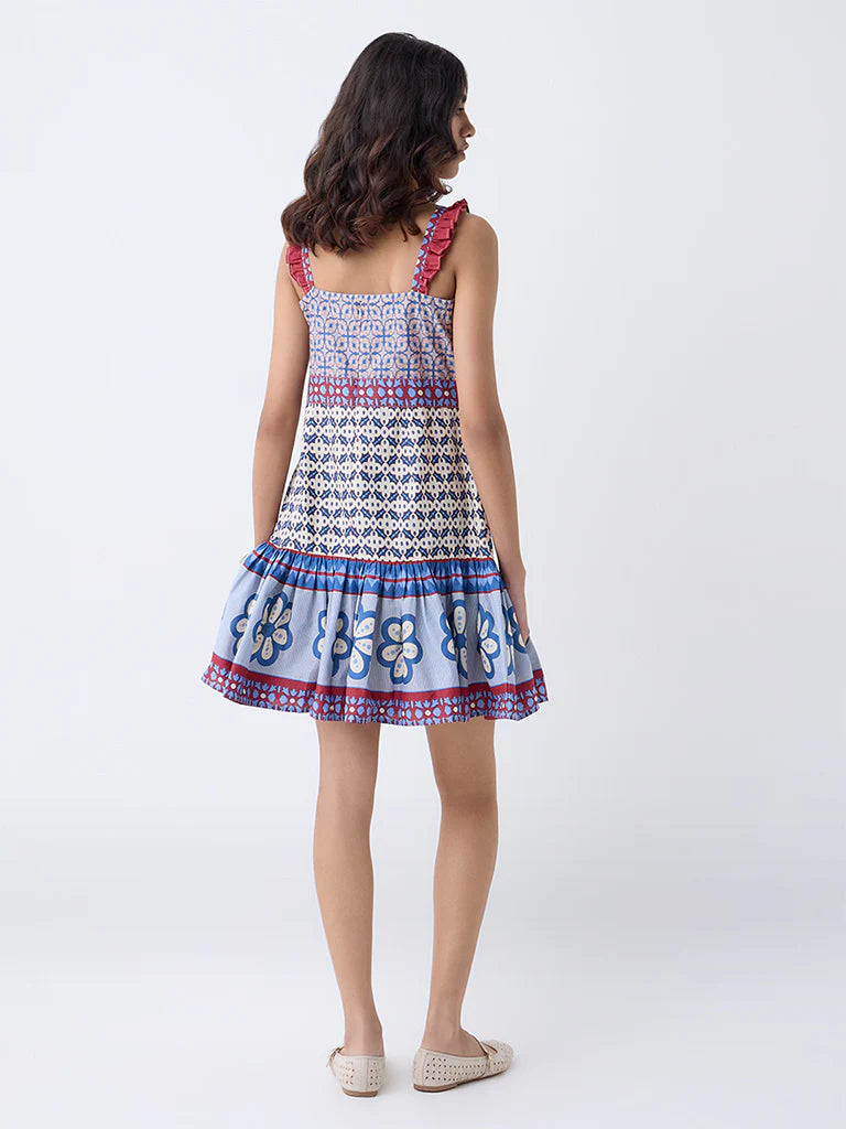 Bombay Paisley Blue Printed Cotton A-Line Dress