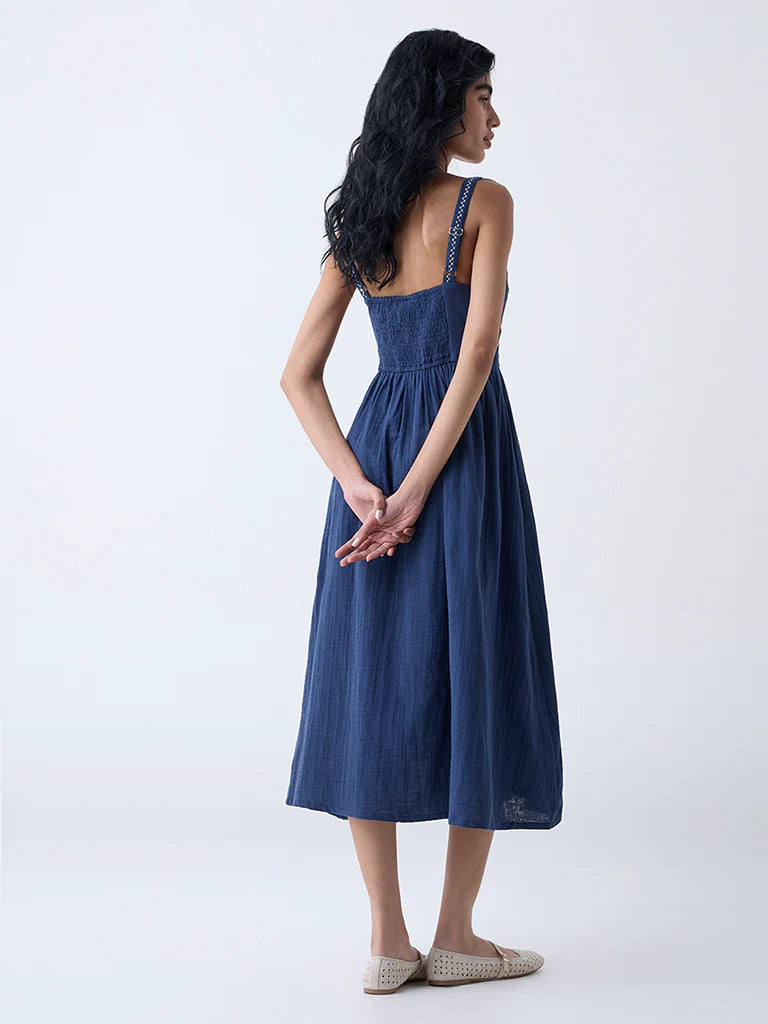 Bombay Paisley Dark Blue Embroidered Cotton A-Line Dress