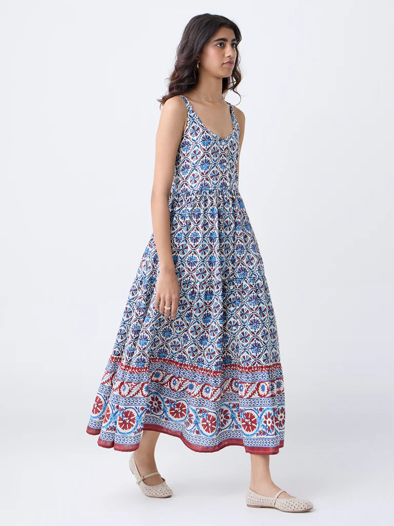 Bombay Paisley Blue Floral Cotton Tiered Dress