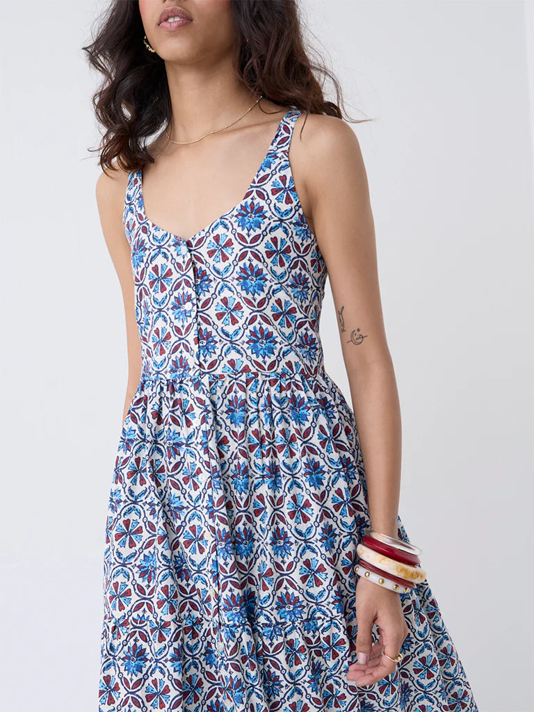 Bombay Paisley Blue Floral Cotton Tiered Dress