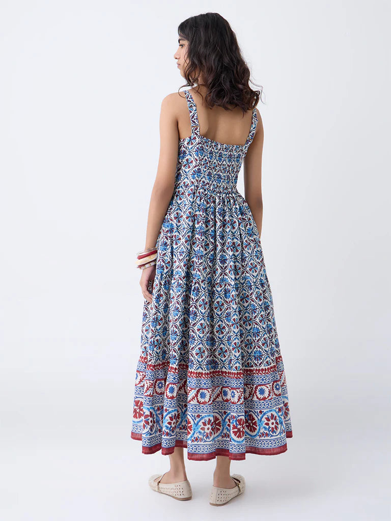 Bombay Paisley Blue Floral Cotton Tiered Dress