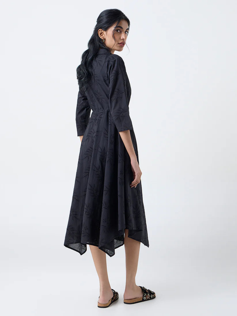 Bombay Paisley Black Schiffli Cotton Asymmetric Dress